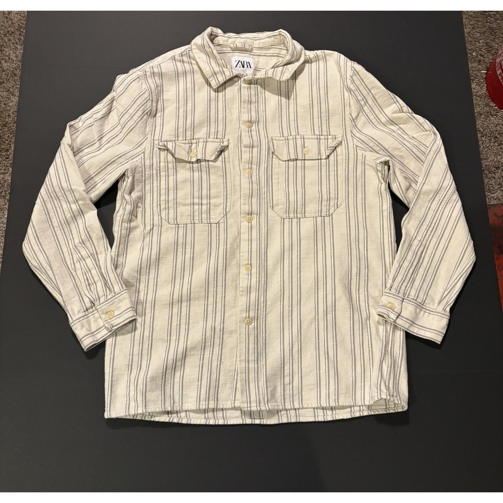 Zara White & Black Striped Flannel Long Sleeve Button Up Shirt Women’s L